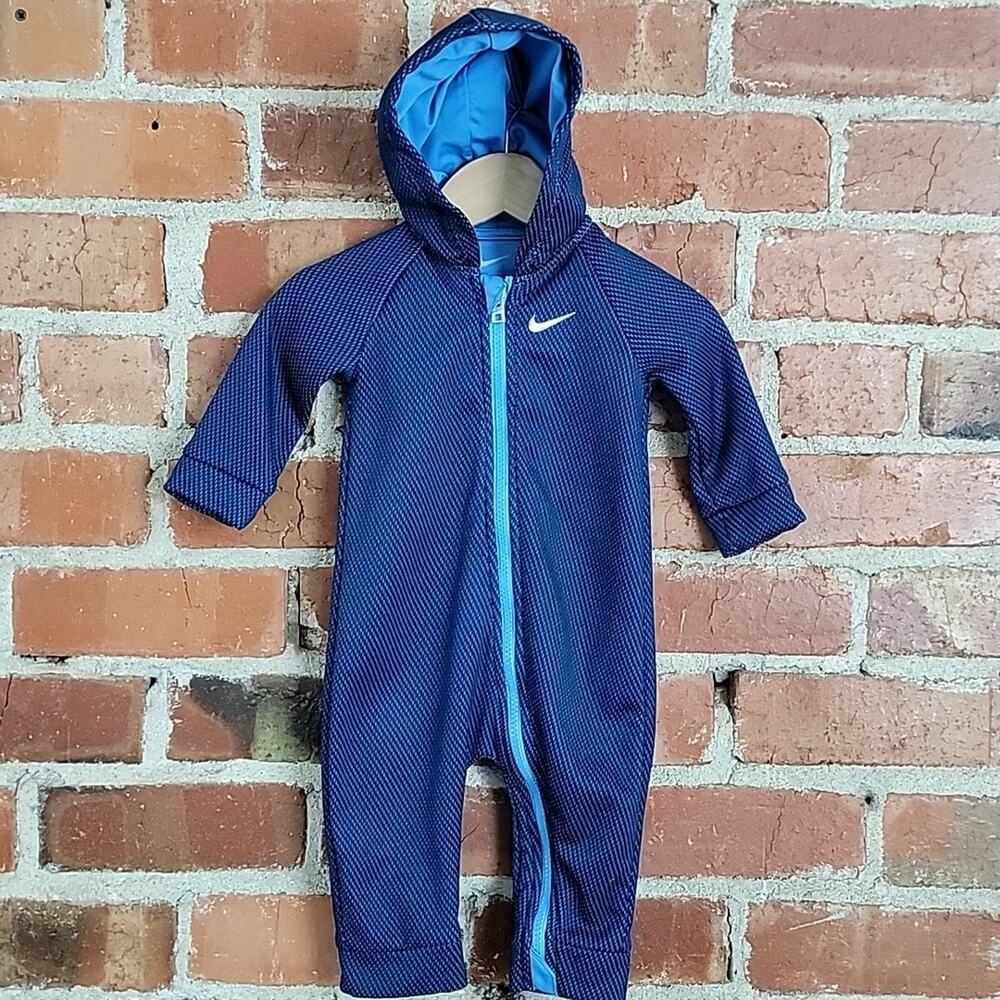 Nike Blue Hooded Fleece‎ Lined Zip Up Coverall Romper 9M